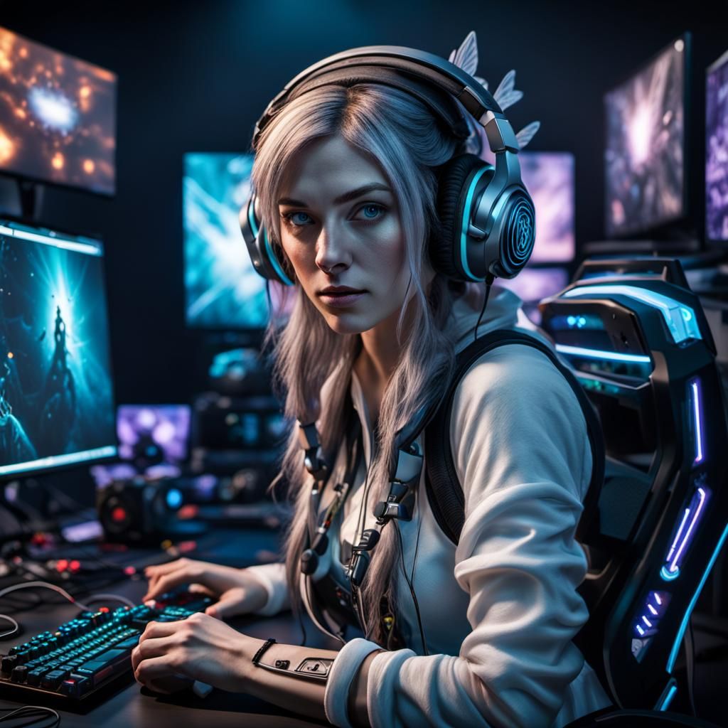 Hyperrealistic Fairy Girl Gamer in Dynamic Lighting