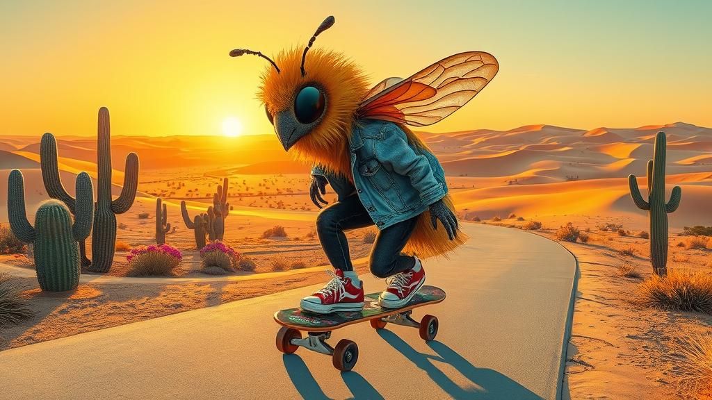 Furry Winged Bee Rides Skateboard in Desert Landscape