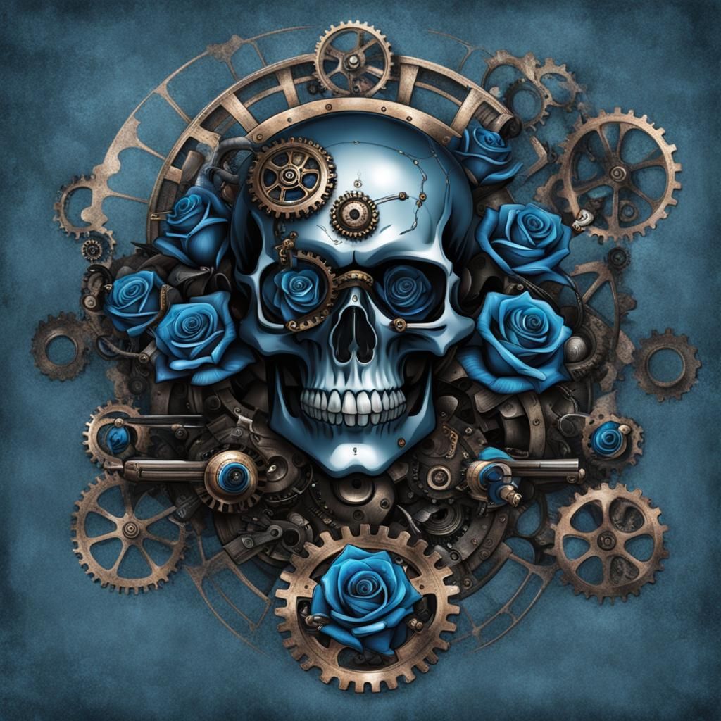 Steampunk Skull Encased in Blue Rose