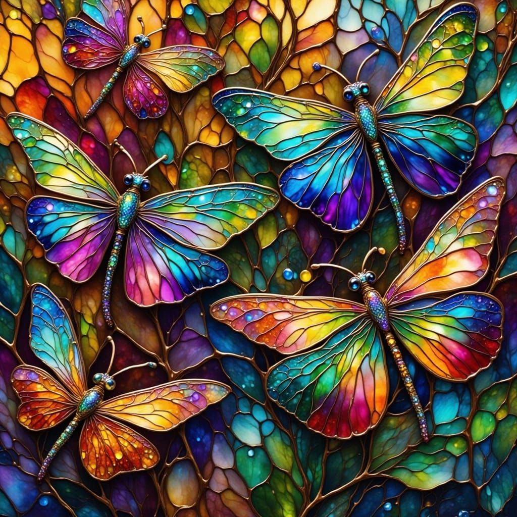 Vibrant Dragonflies Dance Amidst Glassy Leaves