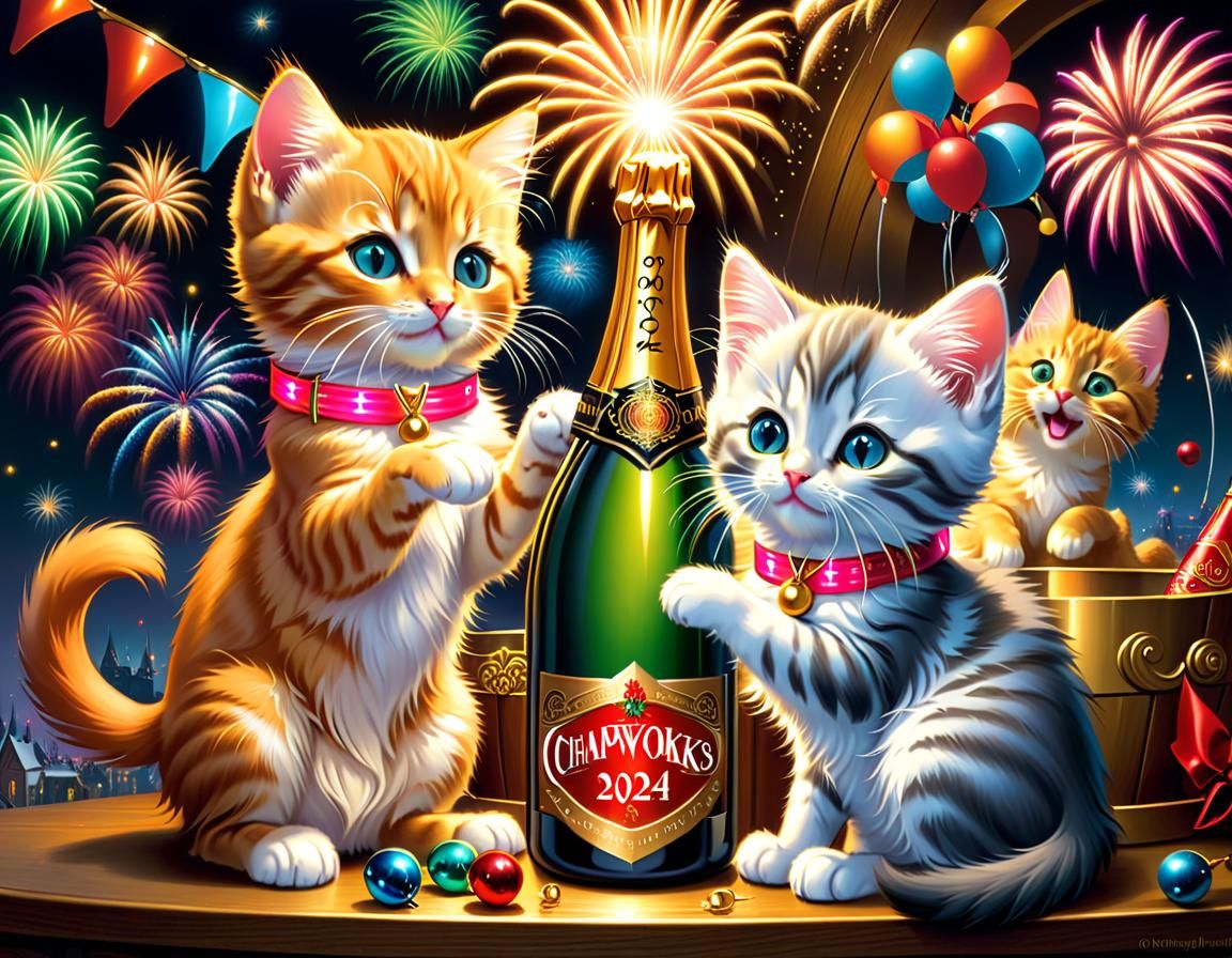 Kittens Celebrate New Year with Fireworks