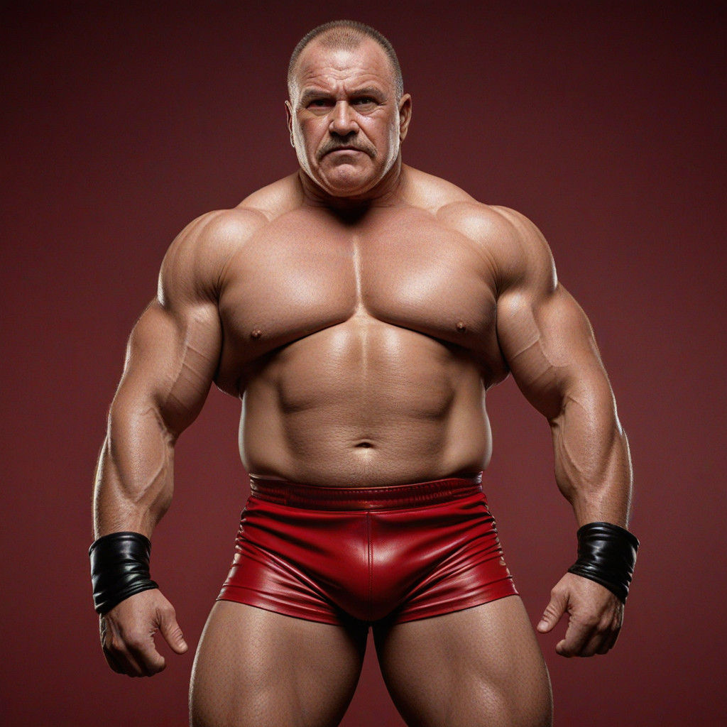 Defiant 65-Year-Old Wrestler in Red Leather Trunks
