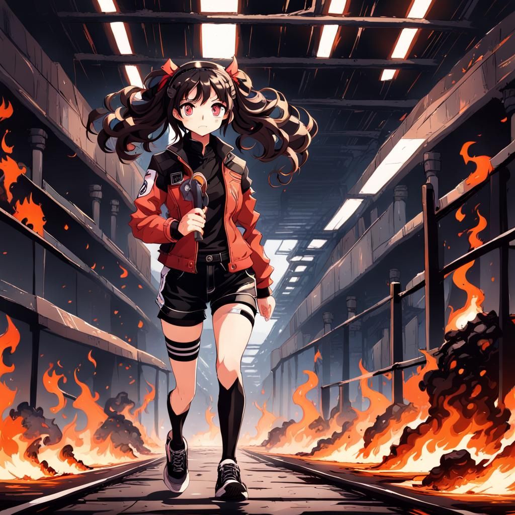 Anime Girl on Fiery Racetrack with Lava