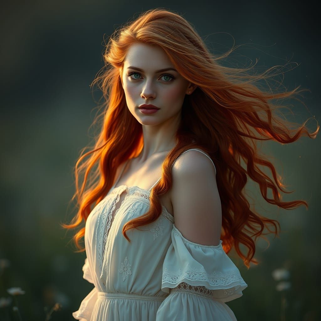 Ethereal Woman in Twilight Meadow, Alphonse Mucha Style