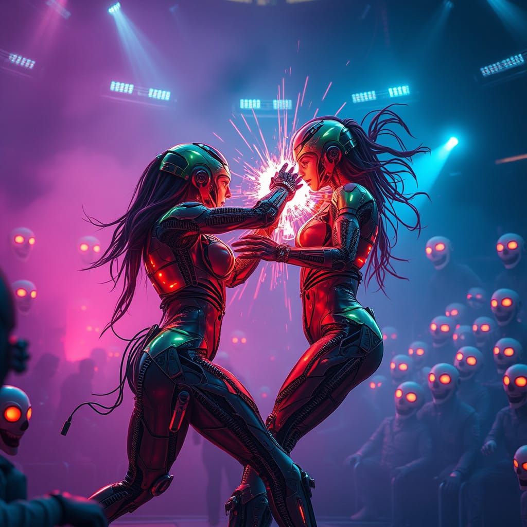 Cyberpunk Arena Battle: Two Women Face Off Against Android C...