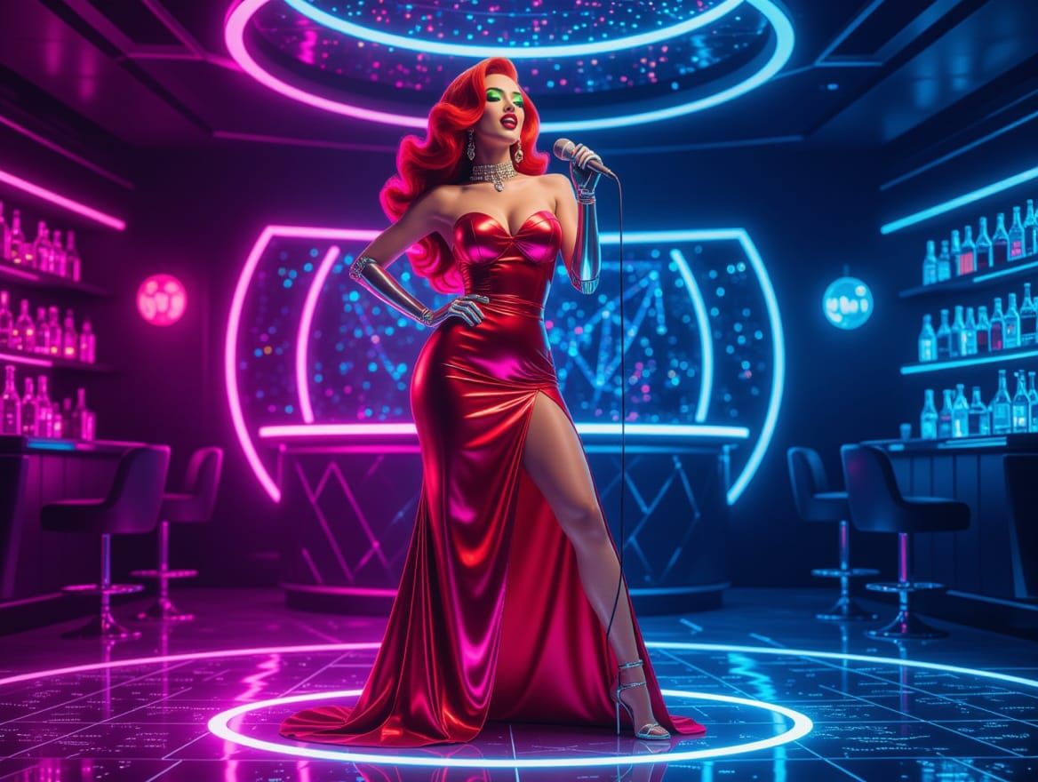 Glamorous Android Diva Performs in Neon-Lit Futuristic Bar