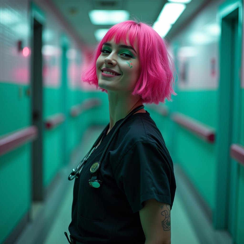 Cyberpunk Goth Nurse in Synthwave Hospital