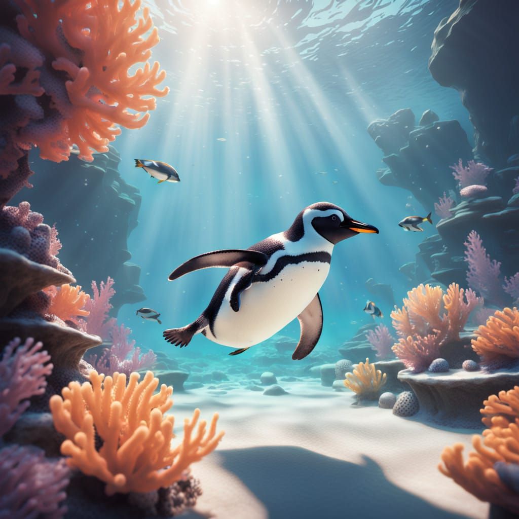 Serene Underwater Scene of Penguin in Vintage Diving Helmet