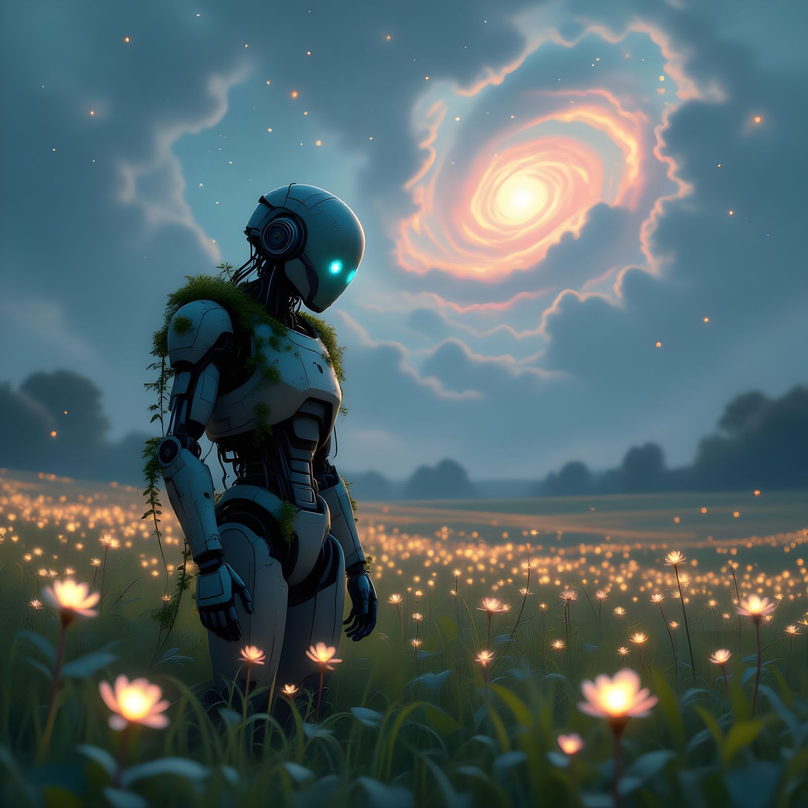 Moss-Covered Robot in Bioluminescent Field