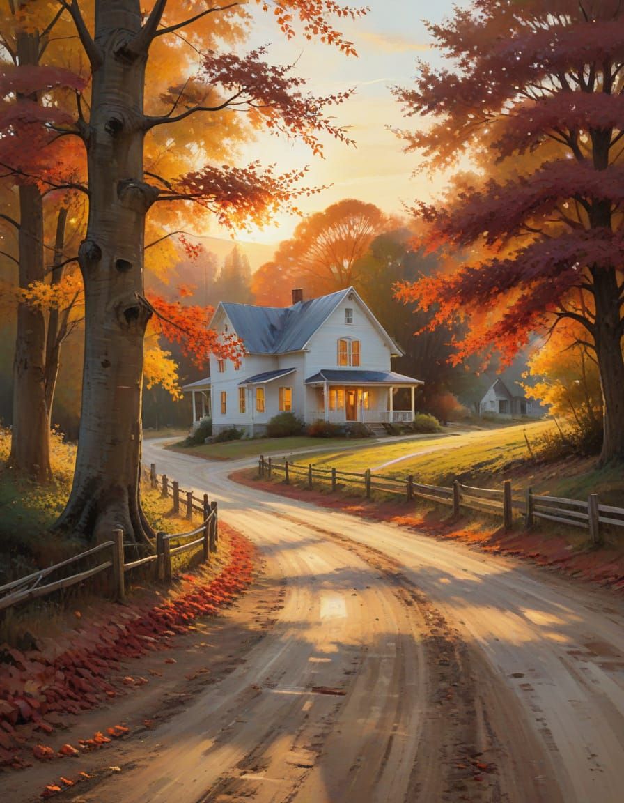 A dirt road winds through autumn trees with red, yellow, and orange leaves. A farmhouse is seen in the distance.  The su...