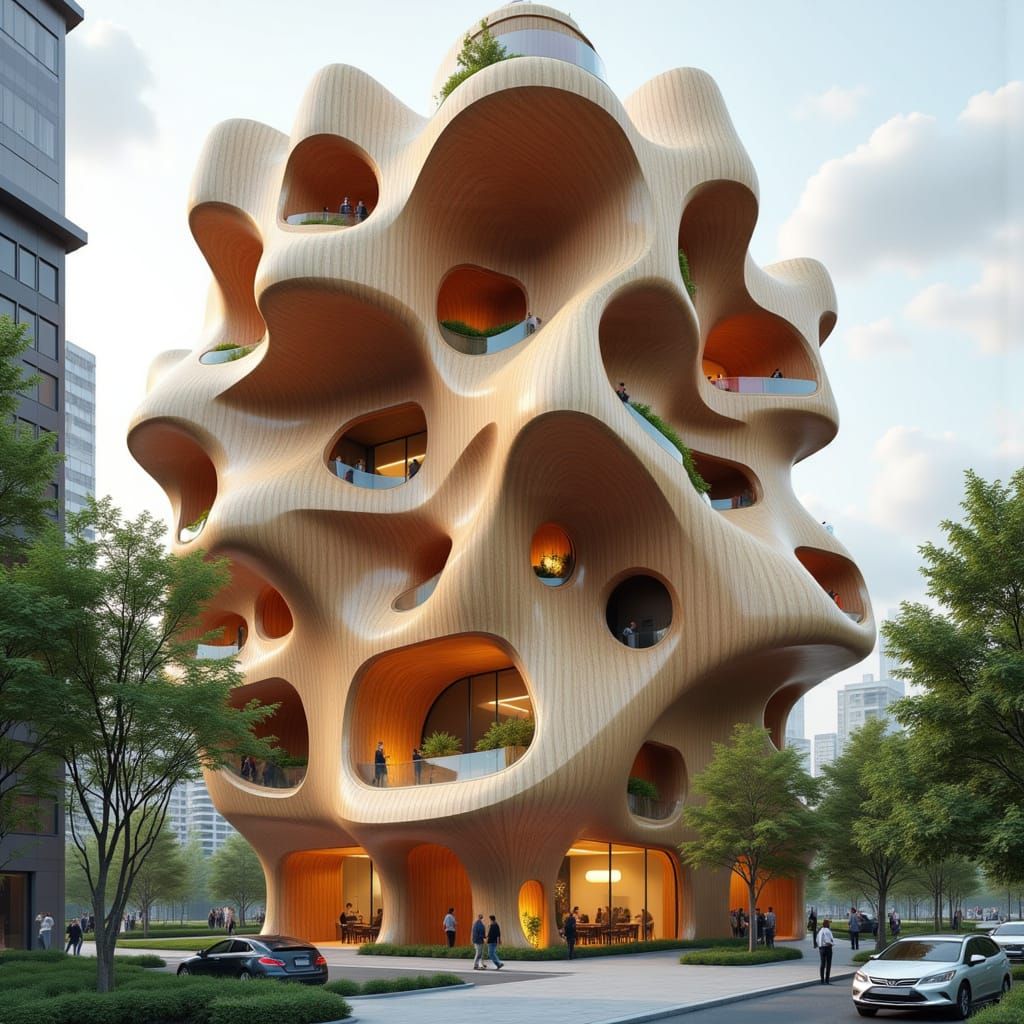 Futuristic 3D Twisted Wooden Building with Gardens