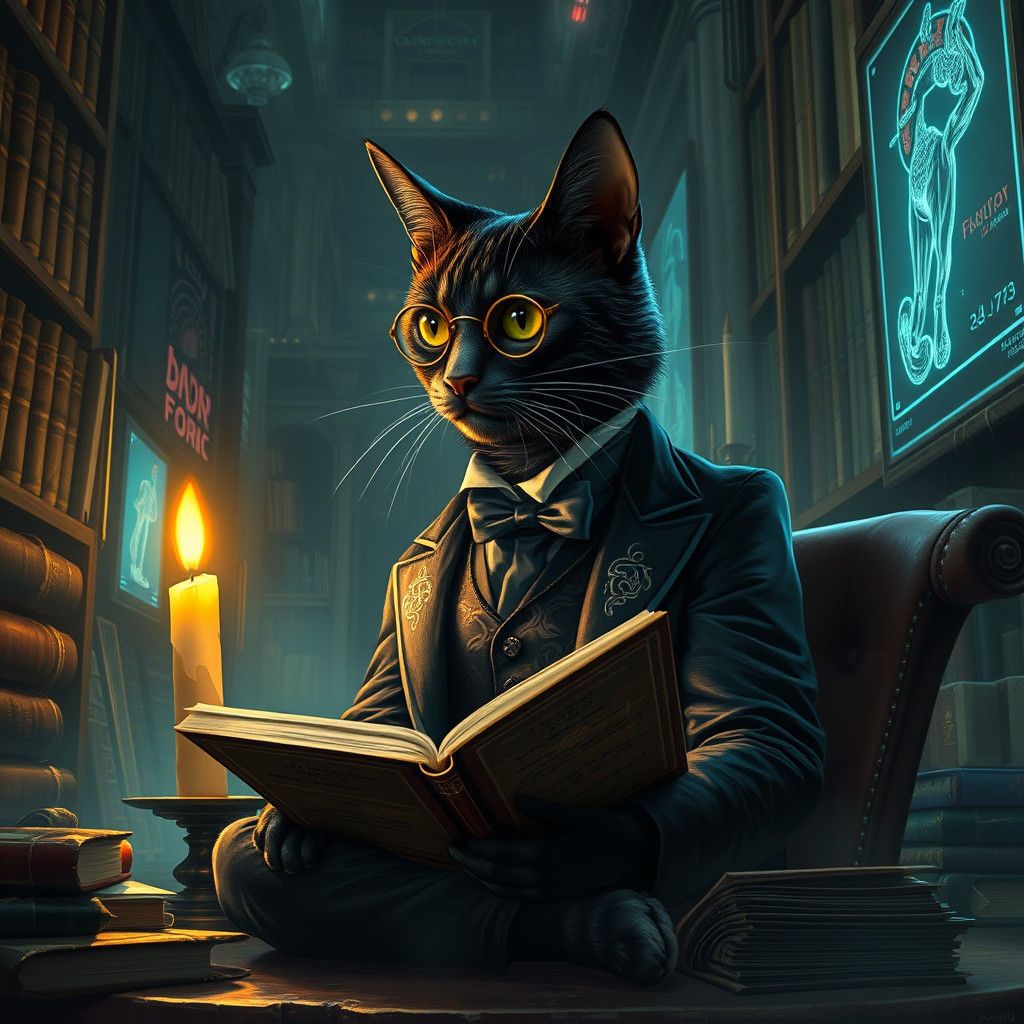 Cyberpunk Cat Gentleman Reads in Dystopian Library