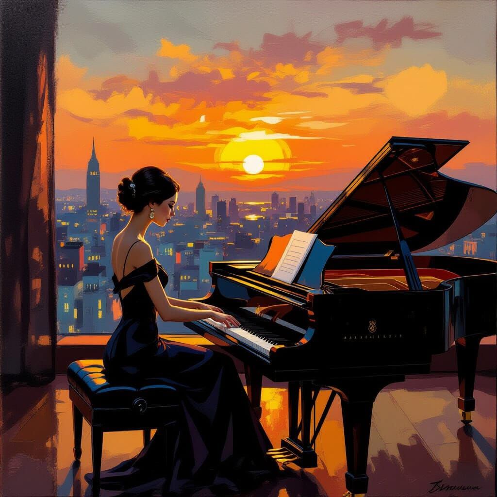 Elegant Woman Plays Piano at Sunset, Rothko Style