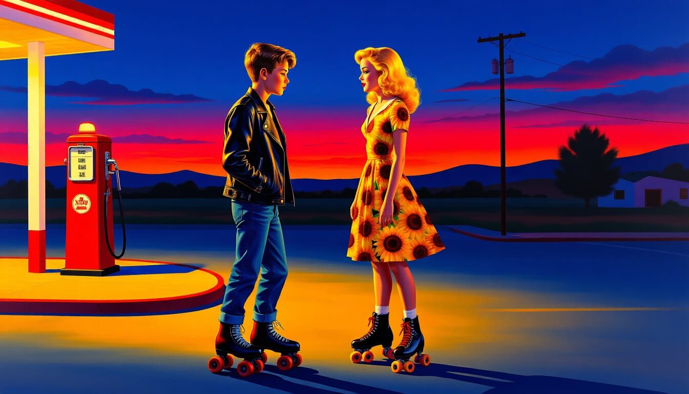 Surreal 1950s Diner Scene with Lost Boy and Golden Girl