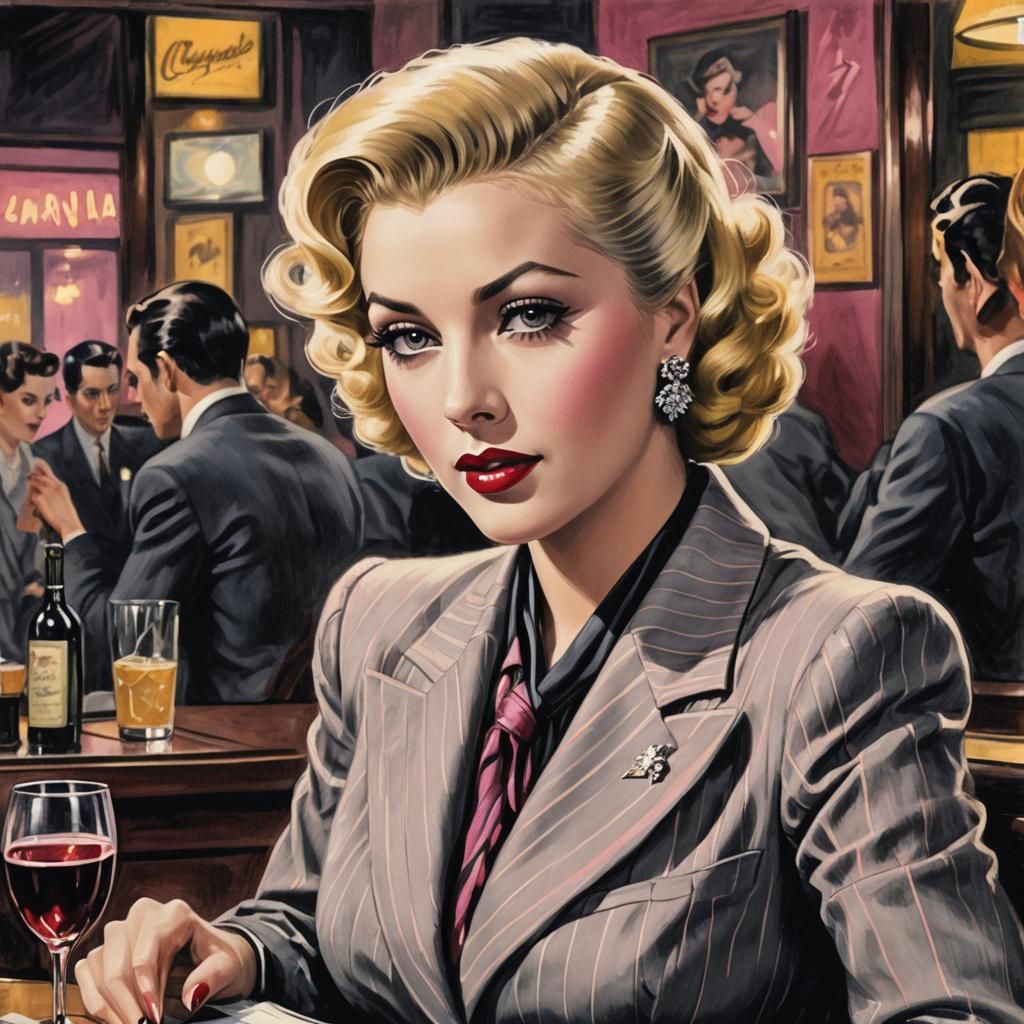 Noir Manga Portrait of Lana Turner in 1930s Bar