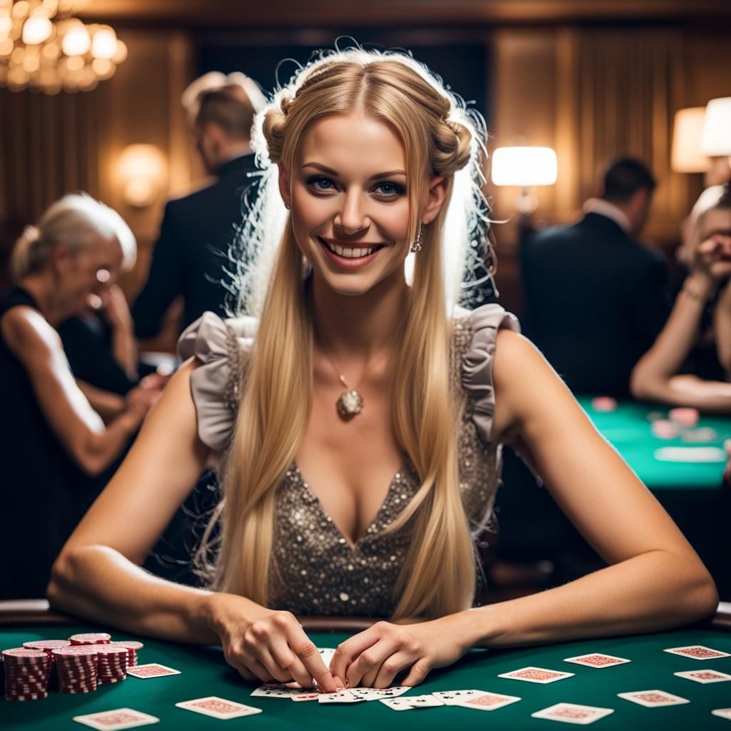 Blonde Woman at Poker Table with Winning Hand