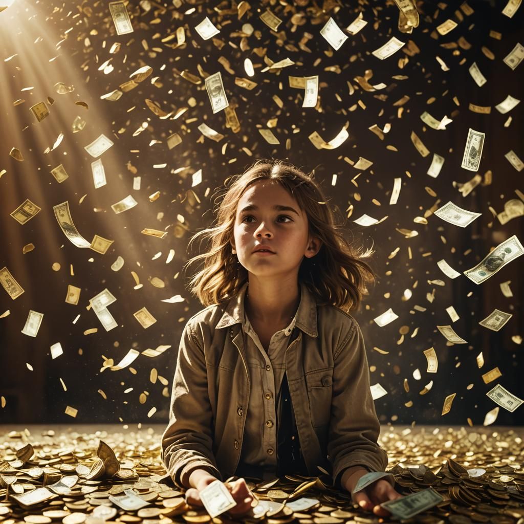 Girl Surrounded by Falling Money: Cinematic Film Still