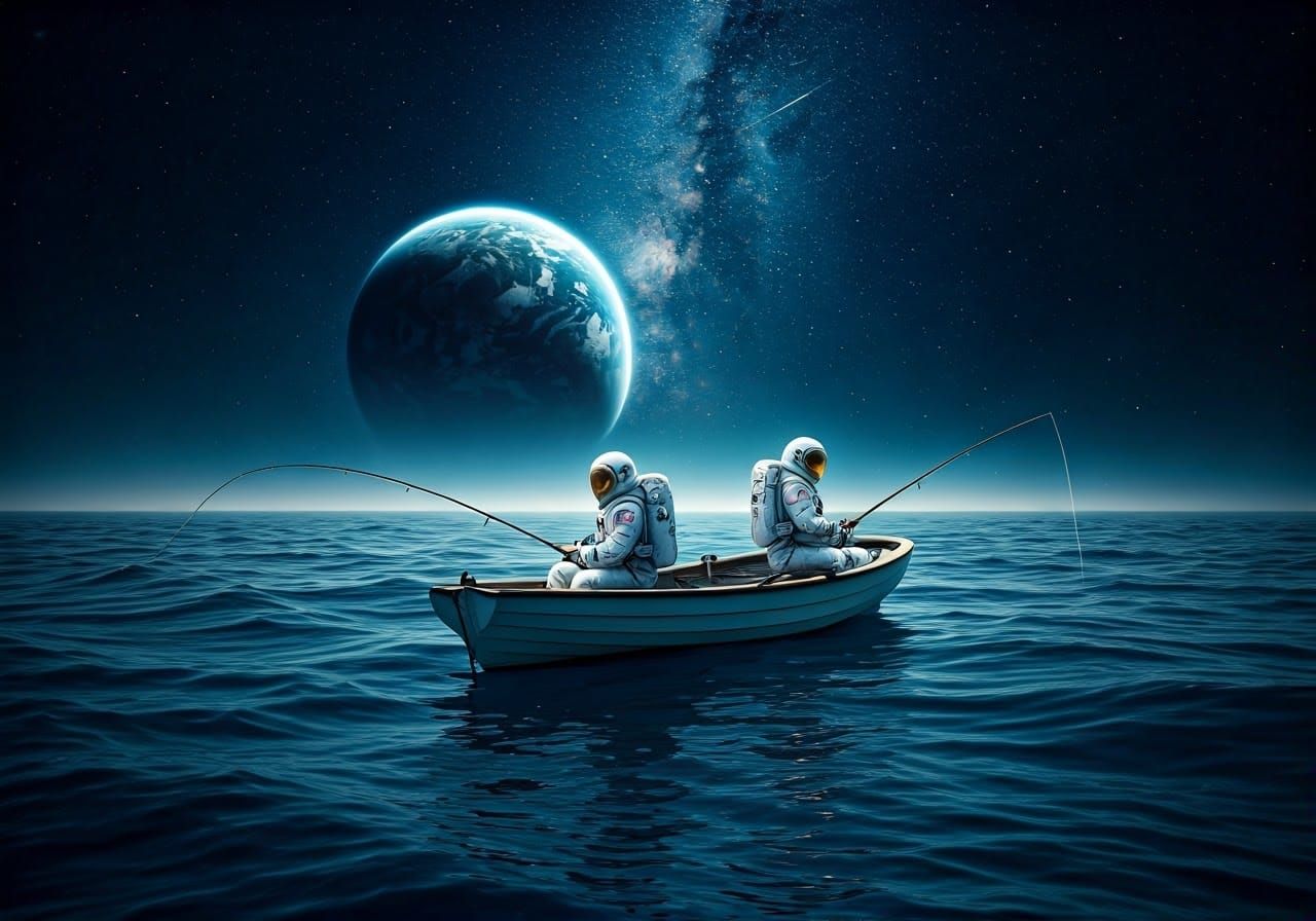 Astronauts Fishing on the Moon, Detailed Matte Painting