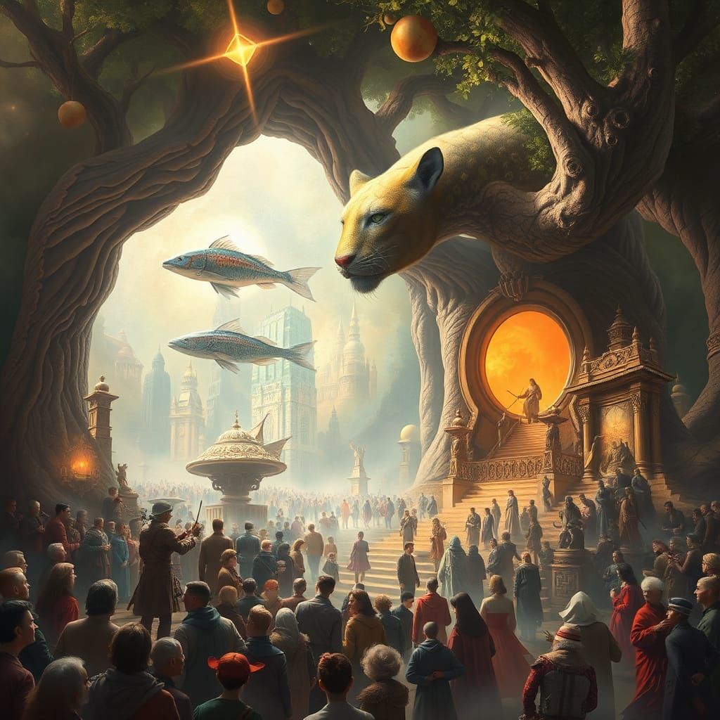 Dreamlike God Surrounded by Happy People, Surreal Digital Ar...