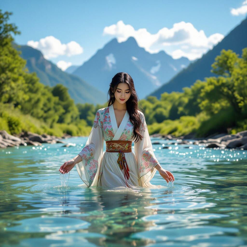 Asian Woman in River, Photorealistic National Geographic Sty...