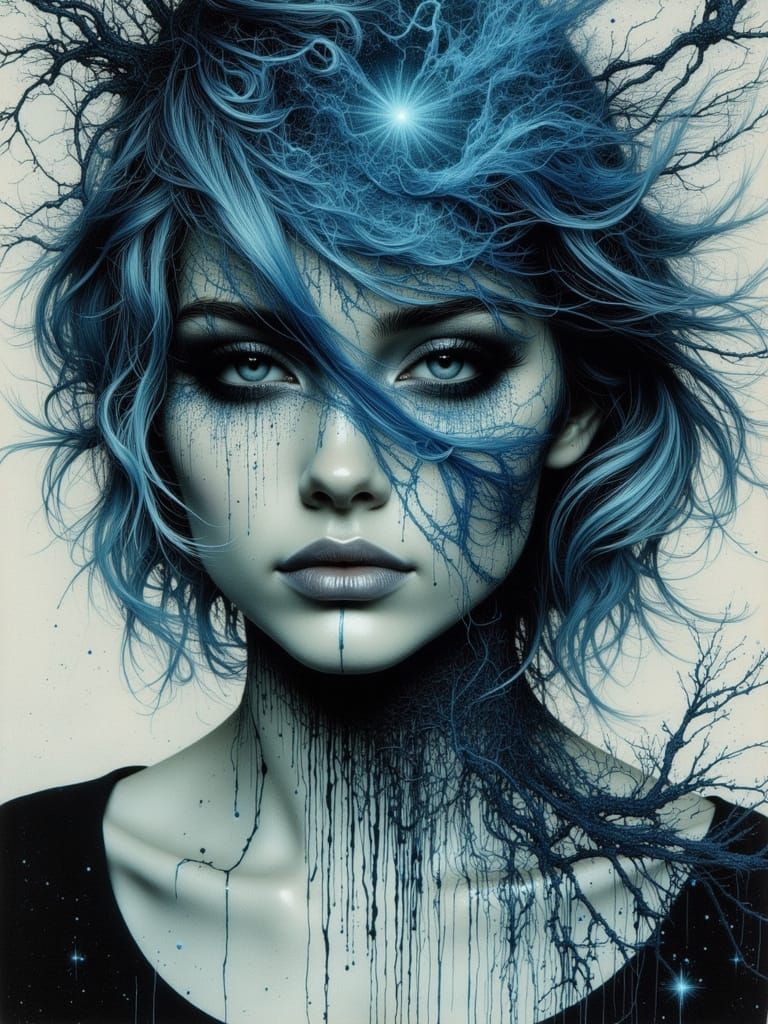 Ethereal Gothic Portrait with Ink Drips and Lattice