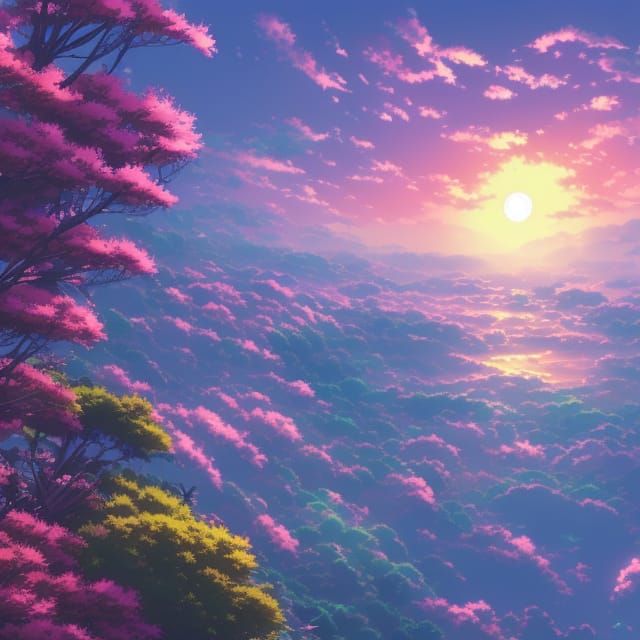 90s anime, flowers, sunset