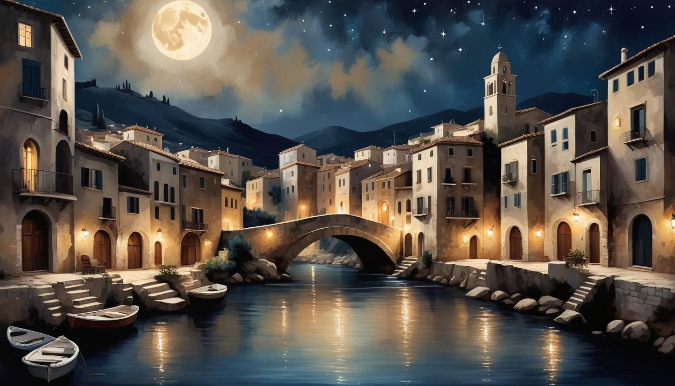 Serene Mediterranean River Scene at Night, in Rustic Oil Pai...