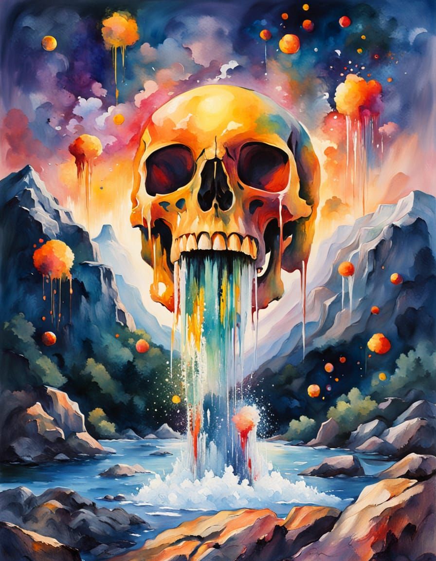 Skull Waterfall in Wet-on-Wet Watercolor
