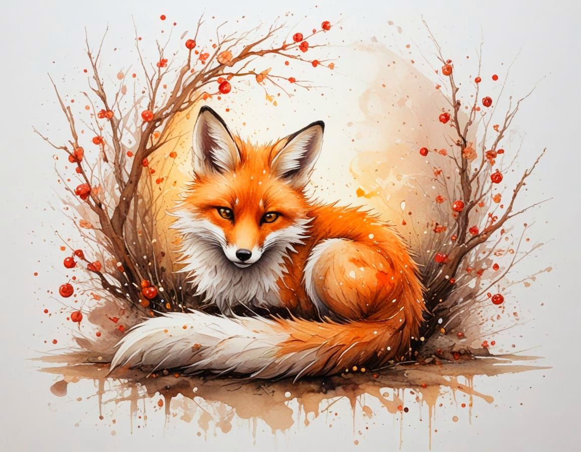 Chibi Fox Naps Under Sunset Cherry Blossoms with Fireflies