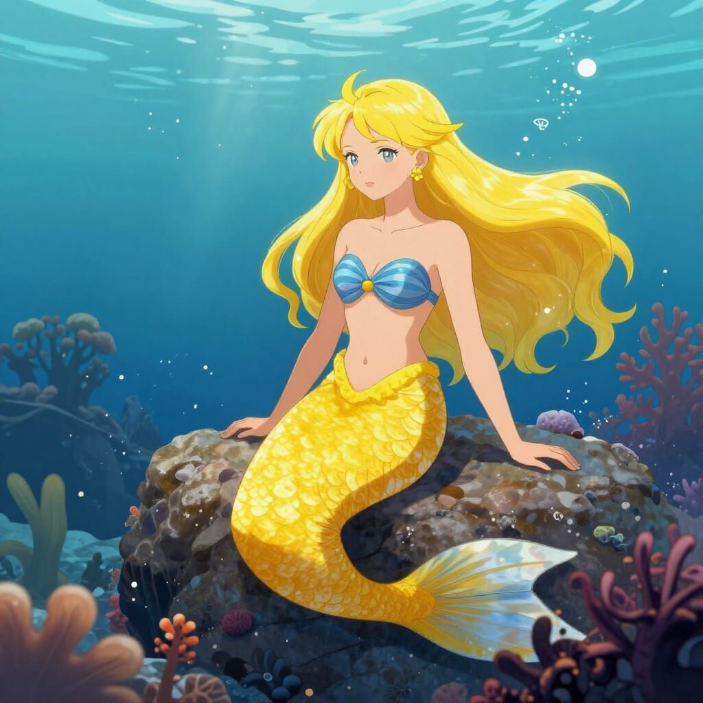 Vibrant Yellow Mermaid Swimming in Ocean Depths