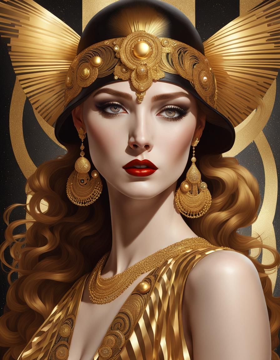 Art Deco Woman in Gold Dress, Klimt Style