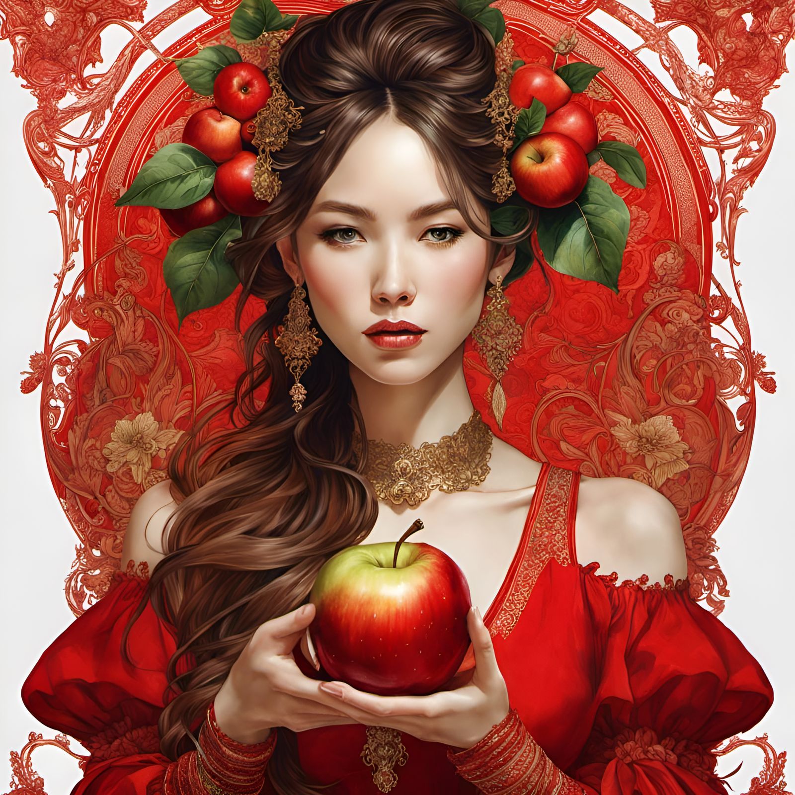 Portrait of Woman in Red Dress with Apple