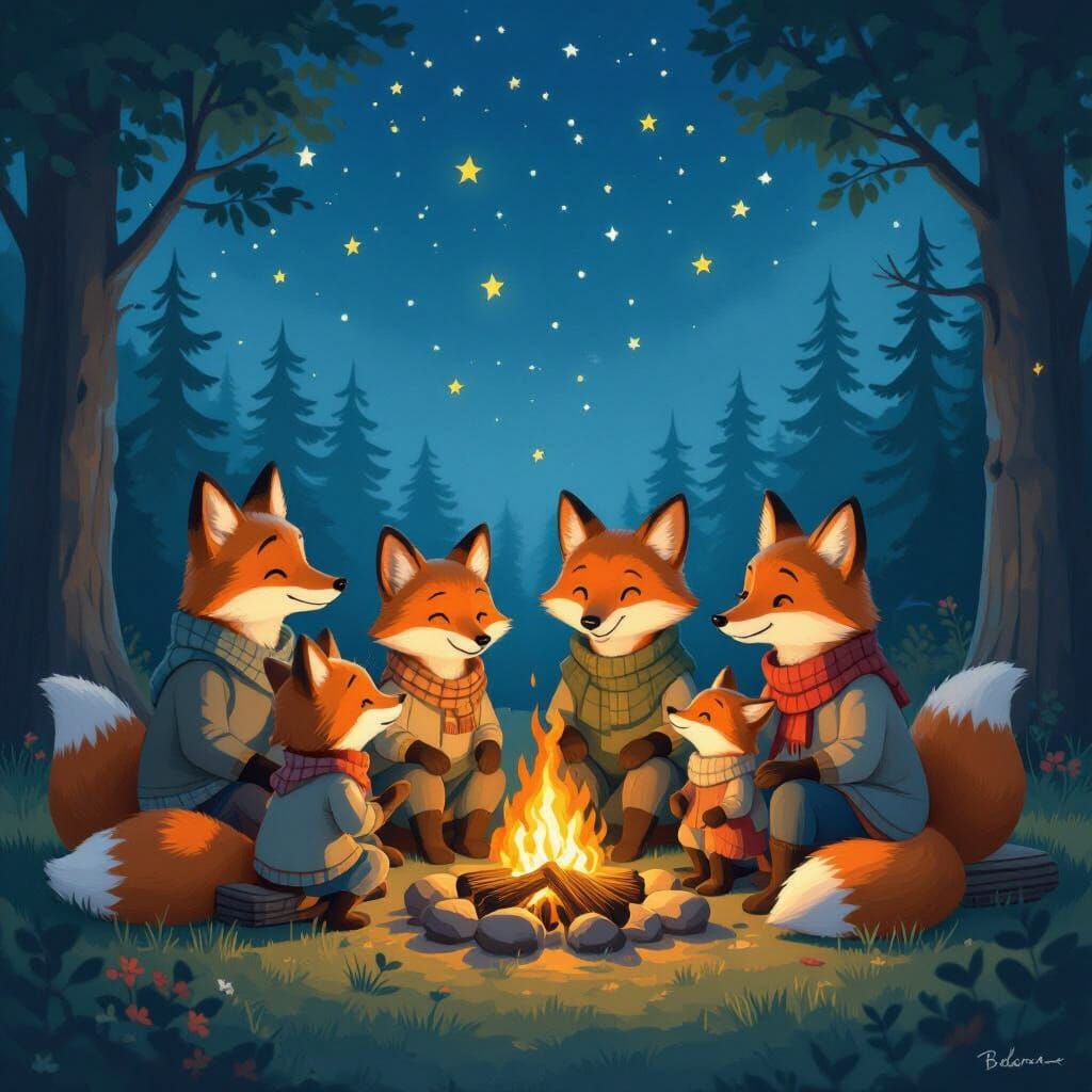 Fox Family Campfire: A Heartwarming Matte Painting