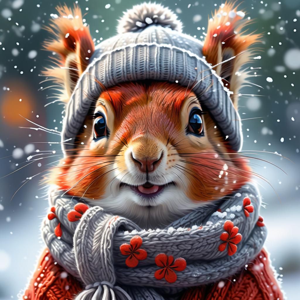 Squirrel in Winter Apparel, Art Nouveau Oil Painting