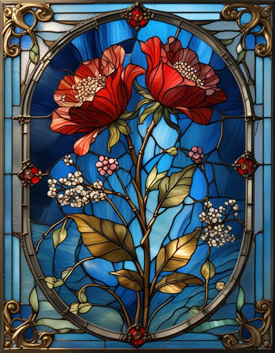 Victorian Stained Glass Artwork of Red Moss Roses