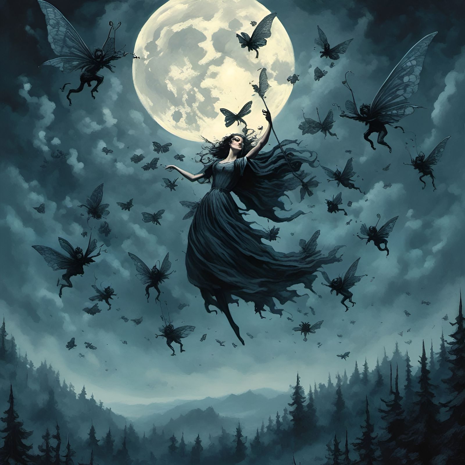 Dark Fairies Dance in Misty Moonlight Sky