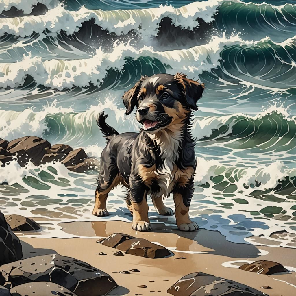 Puppy Barking at Gigantic Ocean Waves in Sumi-e Style