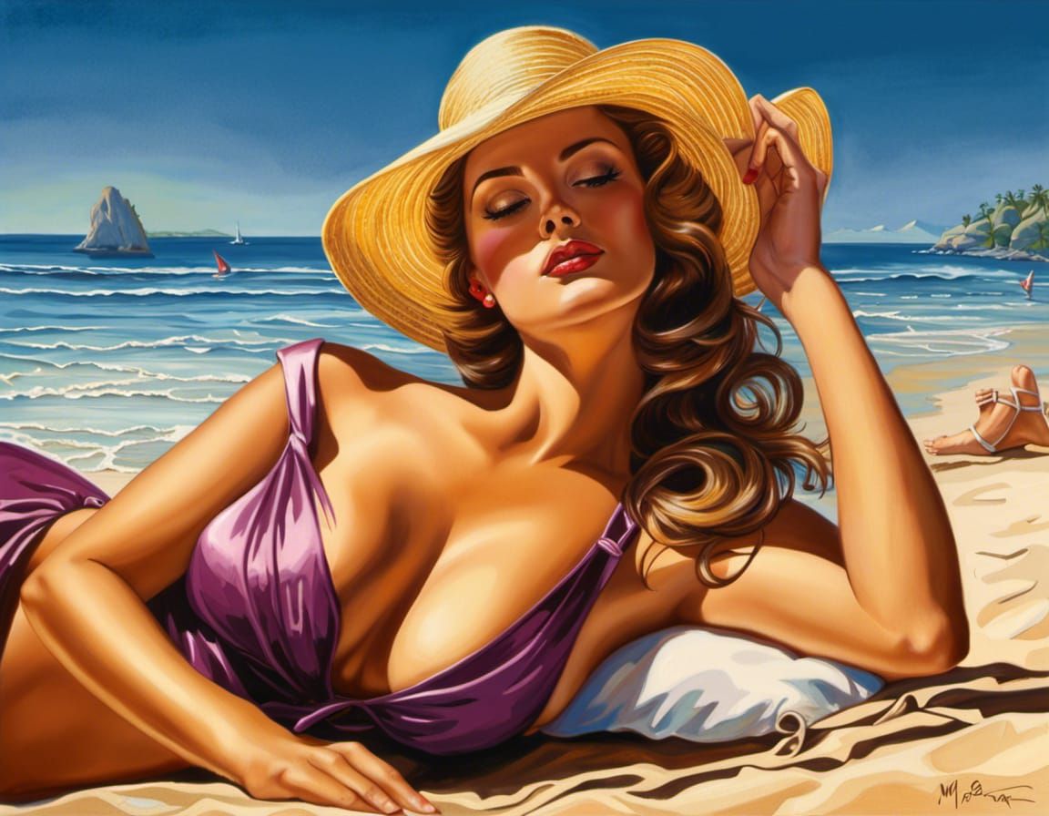 Woman Sunbathing on Beach: Amber Digital Art