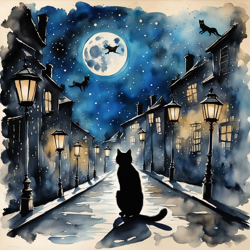 Black Cat Crossing Steampunk Street: Ink and Watercolor