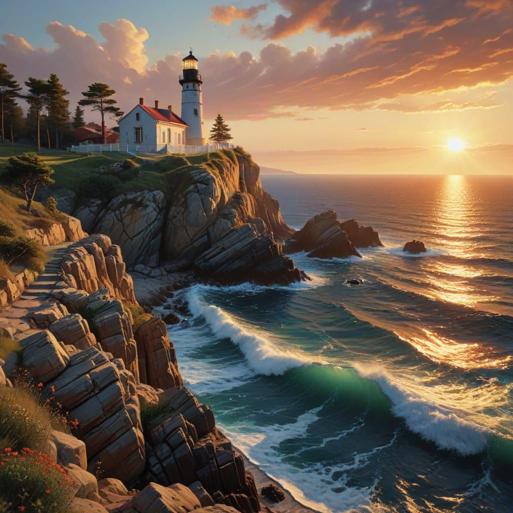 Coastal Lighthouse at Sunset: Impressionist Style Landscape