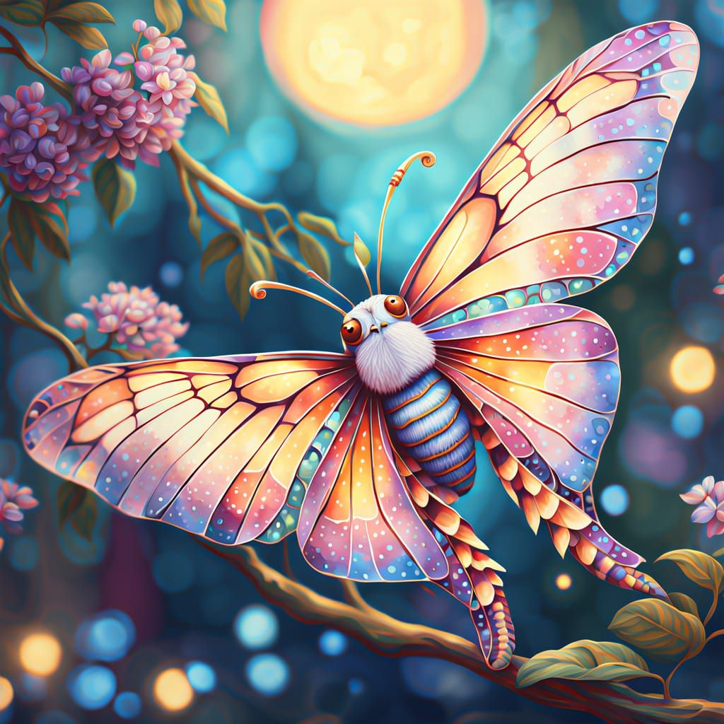 Whimsical Fantasy Moth Perched on Delicate Branch