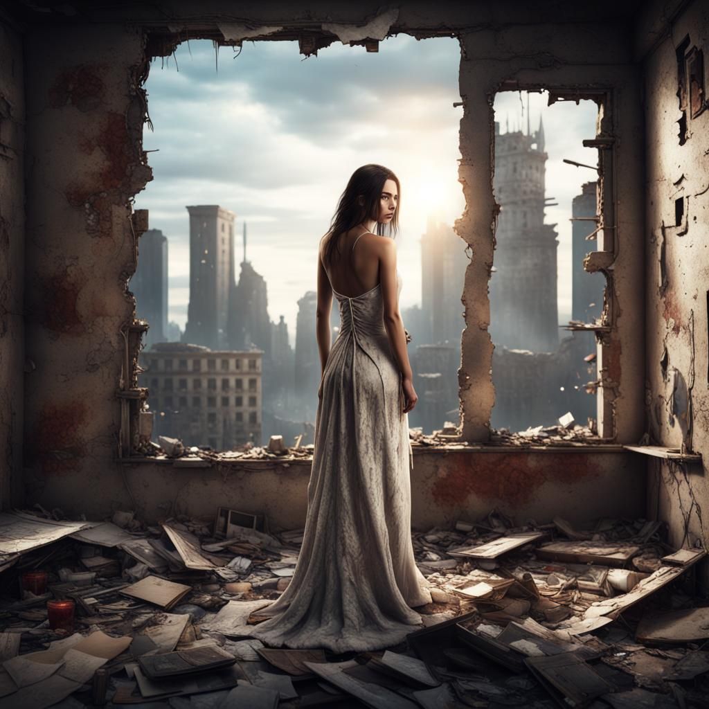 Brunette in Ruined City, Post-Apocalyptic Art
