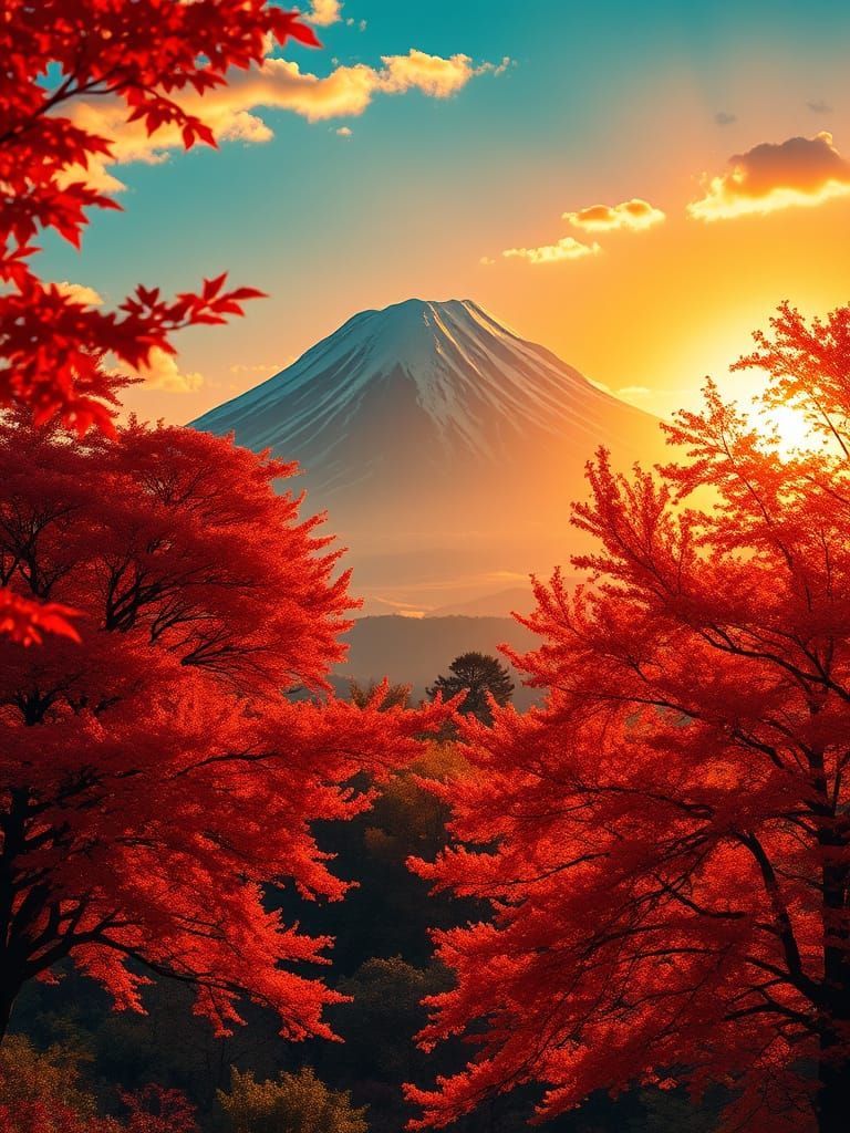 Surreal Autumn Landscape of Mount Fuji in Earthy, Impasto St...