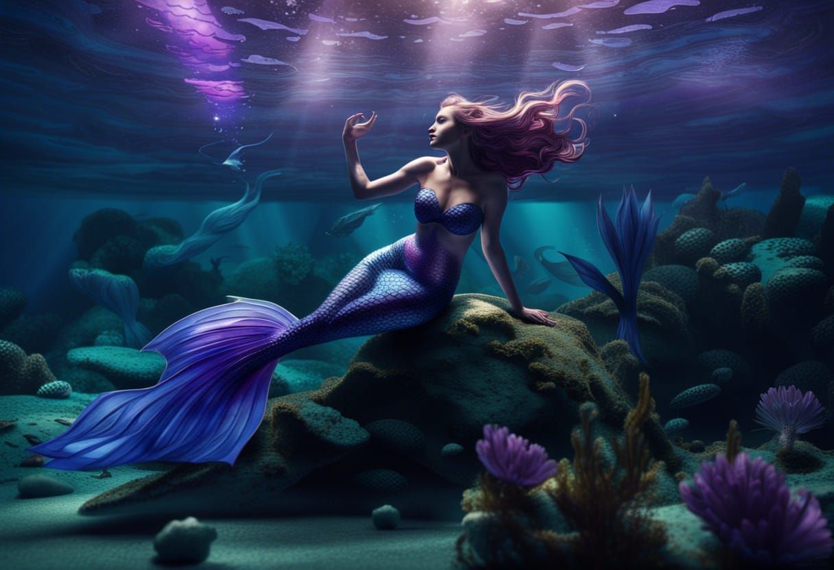 Art Deco Mermaid with Purple and Blue Tail
