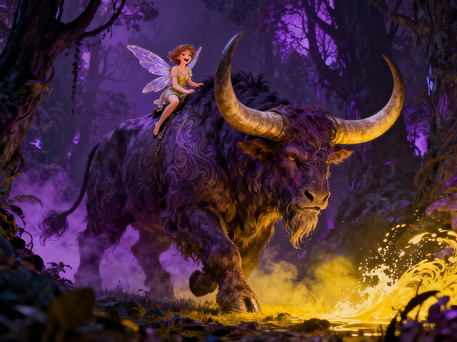 Colossal Horned Beast with Fairy in Dark Fantasy Forest