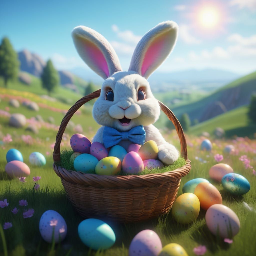 Easter Bunny in Vibrant Spring Meadow Whimsical Digital Illu...