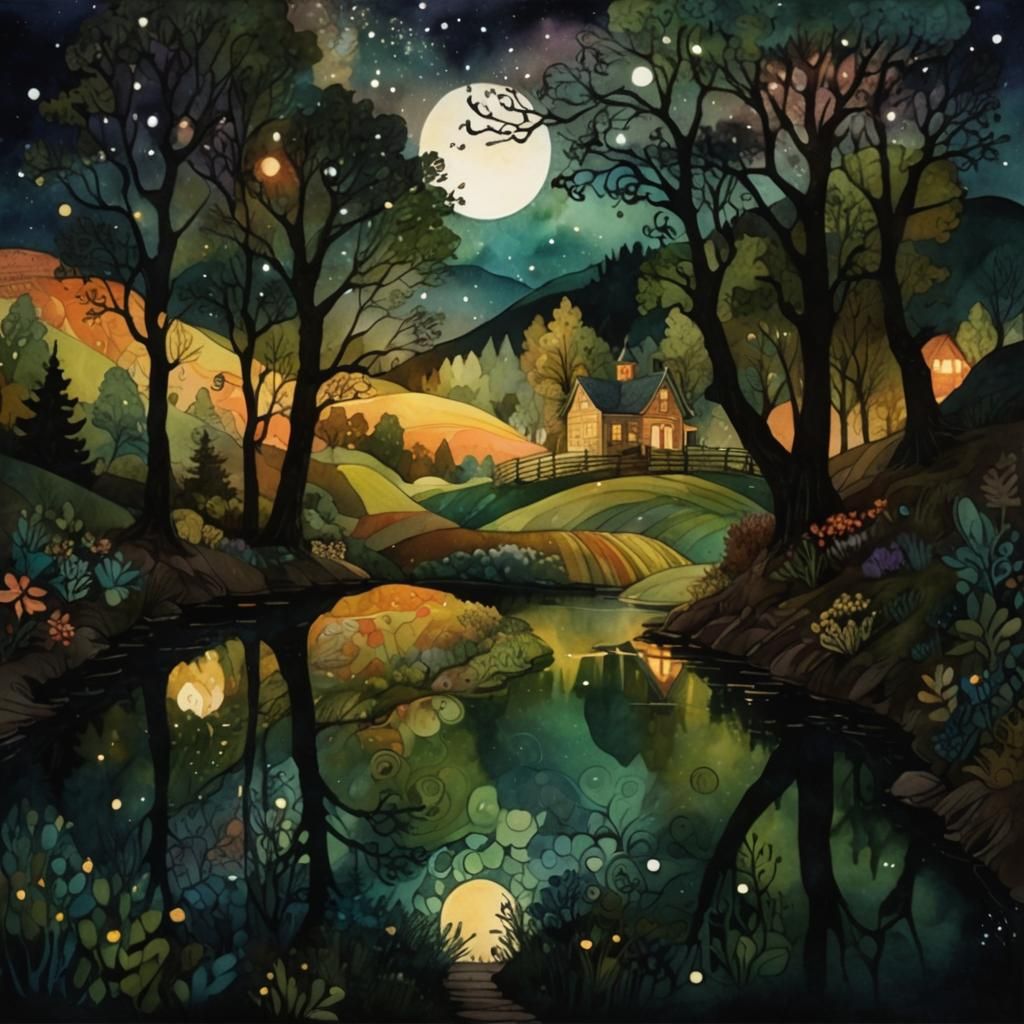Whimsical Rural Night Landscape in Watercolor Gouache