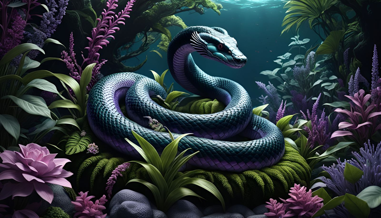 Mystical World Serpent Jörmungandr in Lush Environment