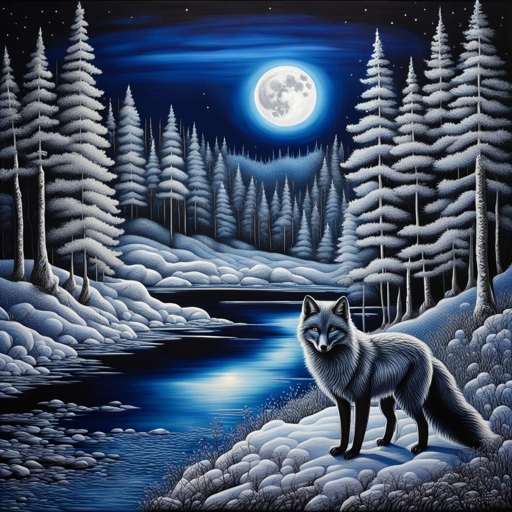 Arctic Fox Winter Riverscape in High Fantasy Style