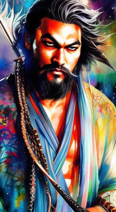 Hipster Jason Momoa Cowboy in Kimono: Watercolor Manga